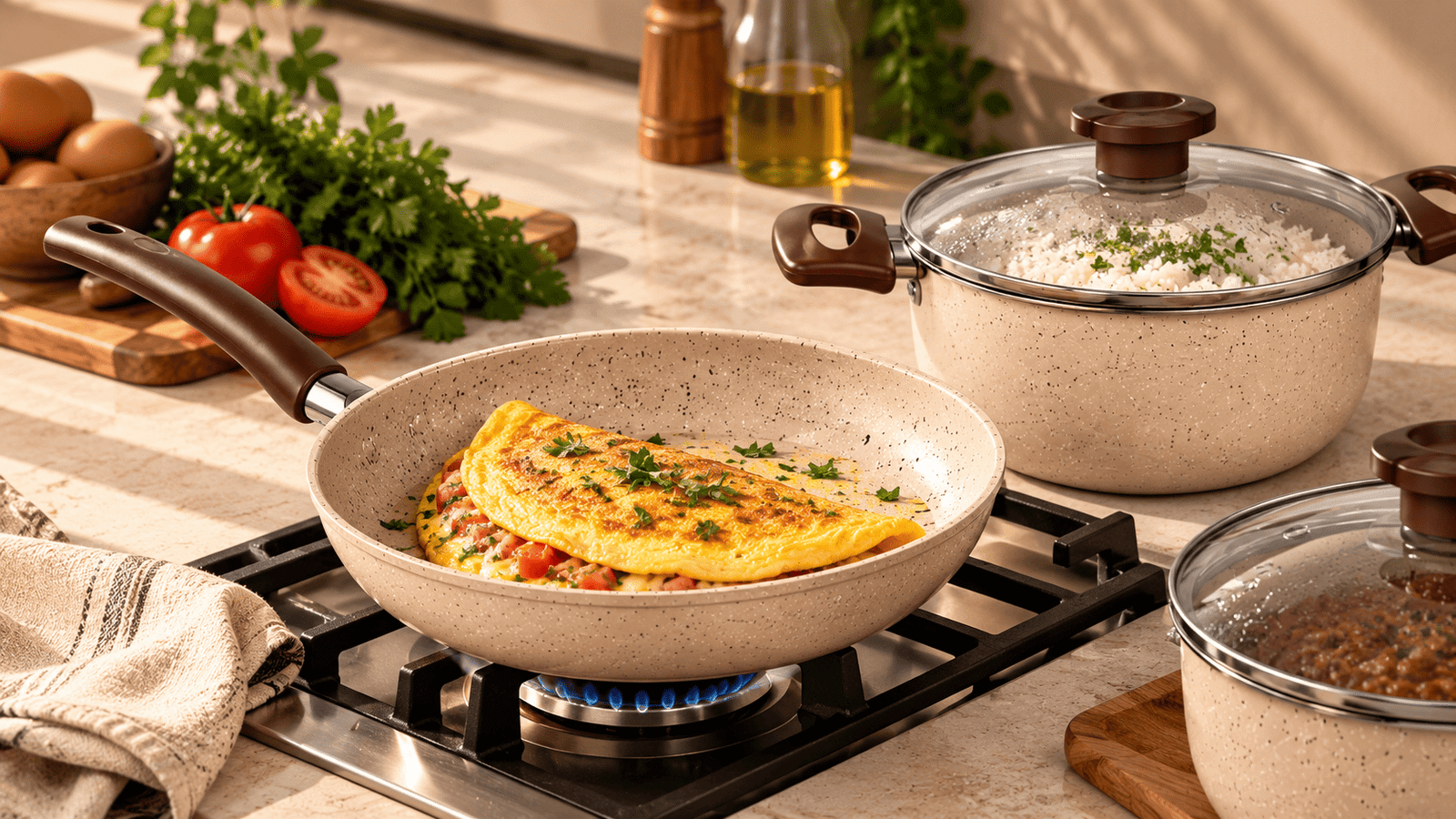 Frigideira do Kit Terra Chef sendo utilizada no preparo de uma refeição