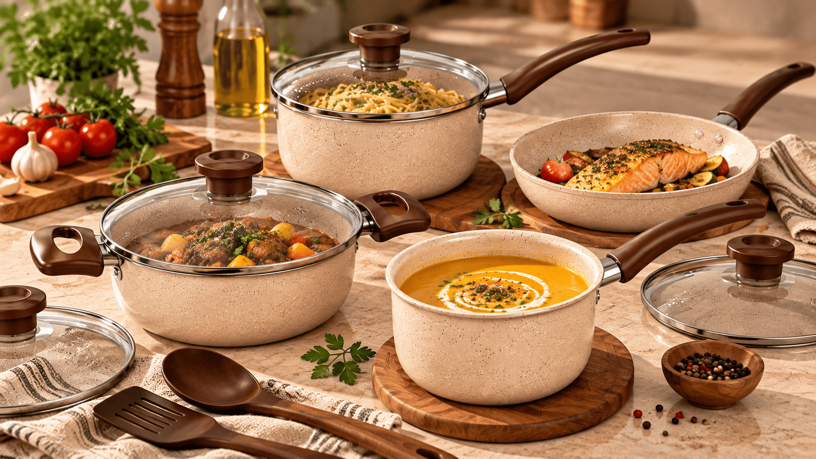 Kit Terra Chef sendo utilizado em diferentes preparos na cozinha