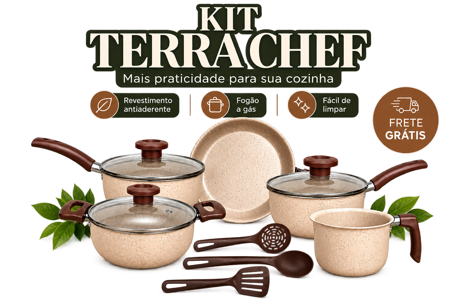 Kit Terra Chef com frigideira, caçarola, panelas, leiteira e três utensílios