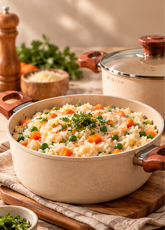 Arroz cremoso com legumes preparado no Kit Terra Chef