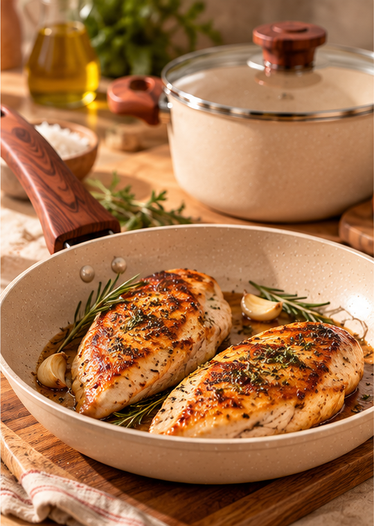 Frango dourado com ervas preparado na frigideira Kit Terra Chef