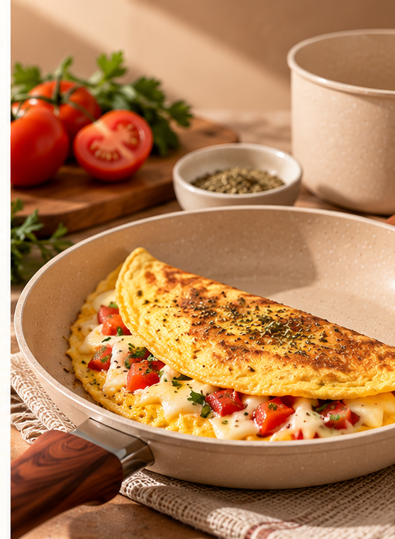 Omelete recheada preparada na frigideira Kit Terra Chef